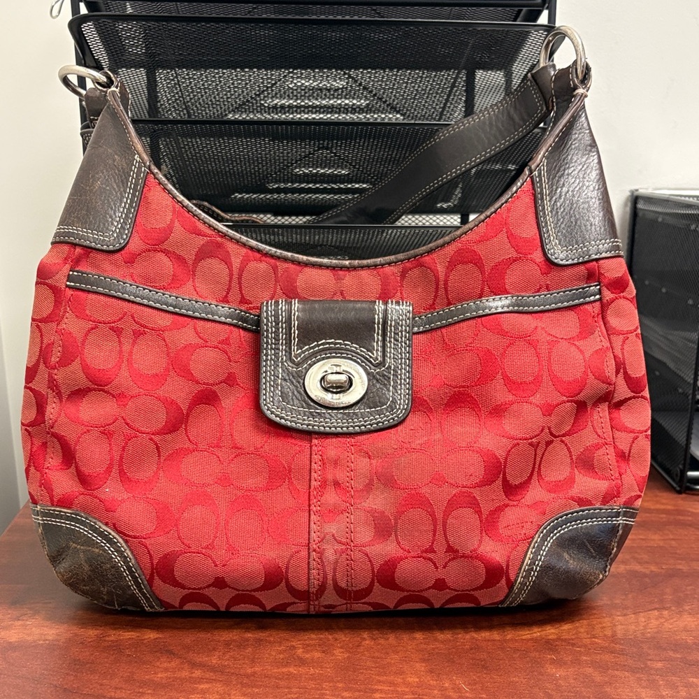 Coach Red and Brown Signature Shoulder Bag